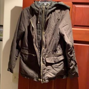 Utility jacket with gold hardware, hooded